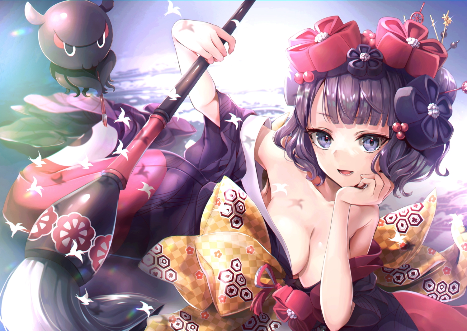animal, breasts, cleavage, fate/grand_order, fate_(series), hane_yuki, headdress, japanese_clothes, katsushika_hokusai, purple_eyes, purple_hair, short_hair, tokitarou_(fate/grand_order)