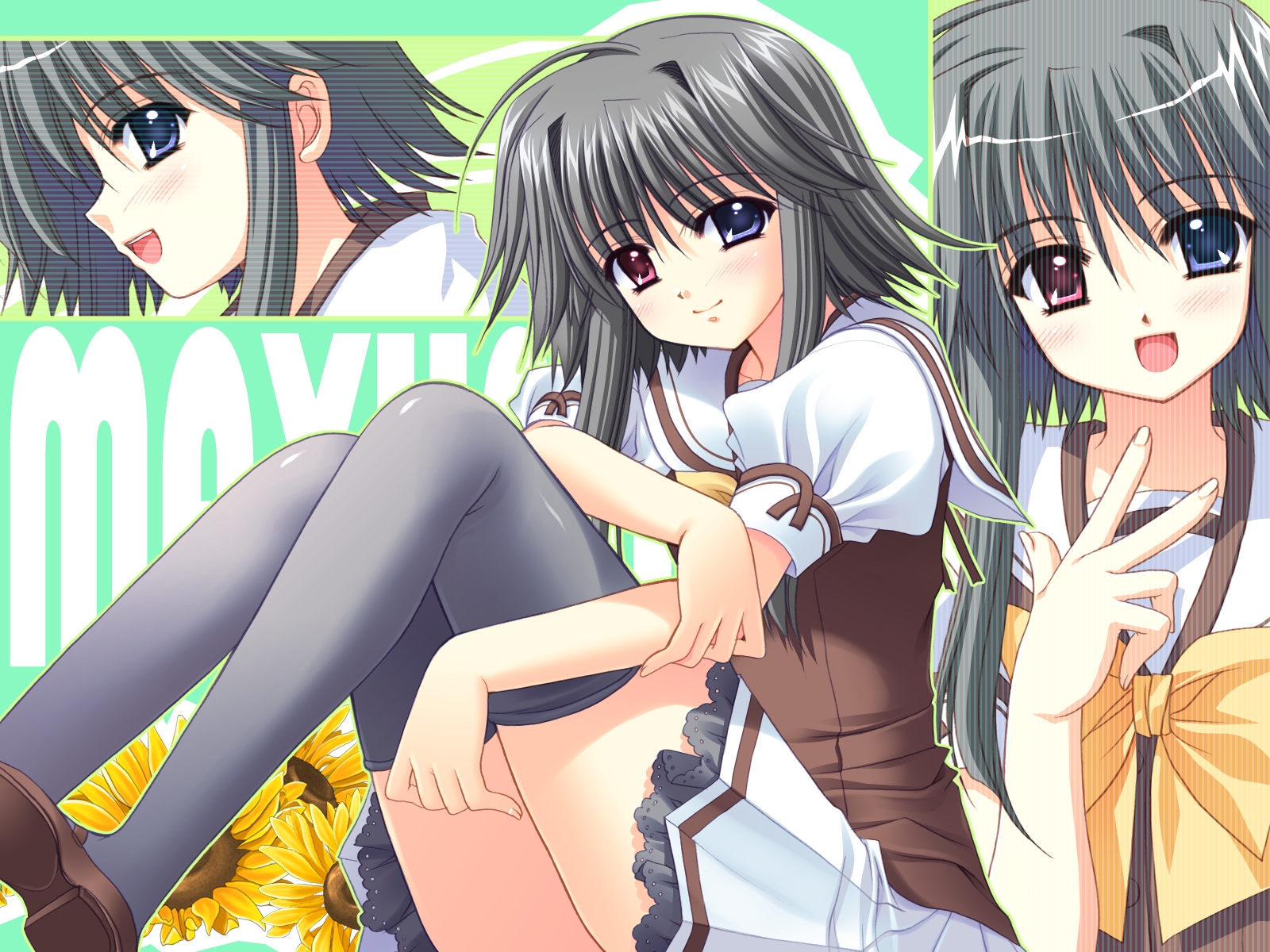 bicolored_eyes, black_hair, flowers, mayumi_thyme, nishimata_aoi, school_uniform, shuffle, sunflower