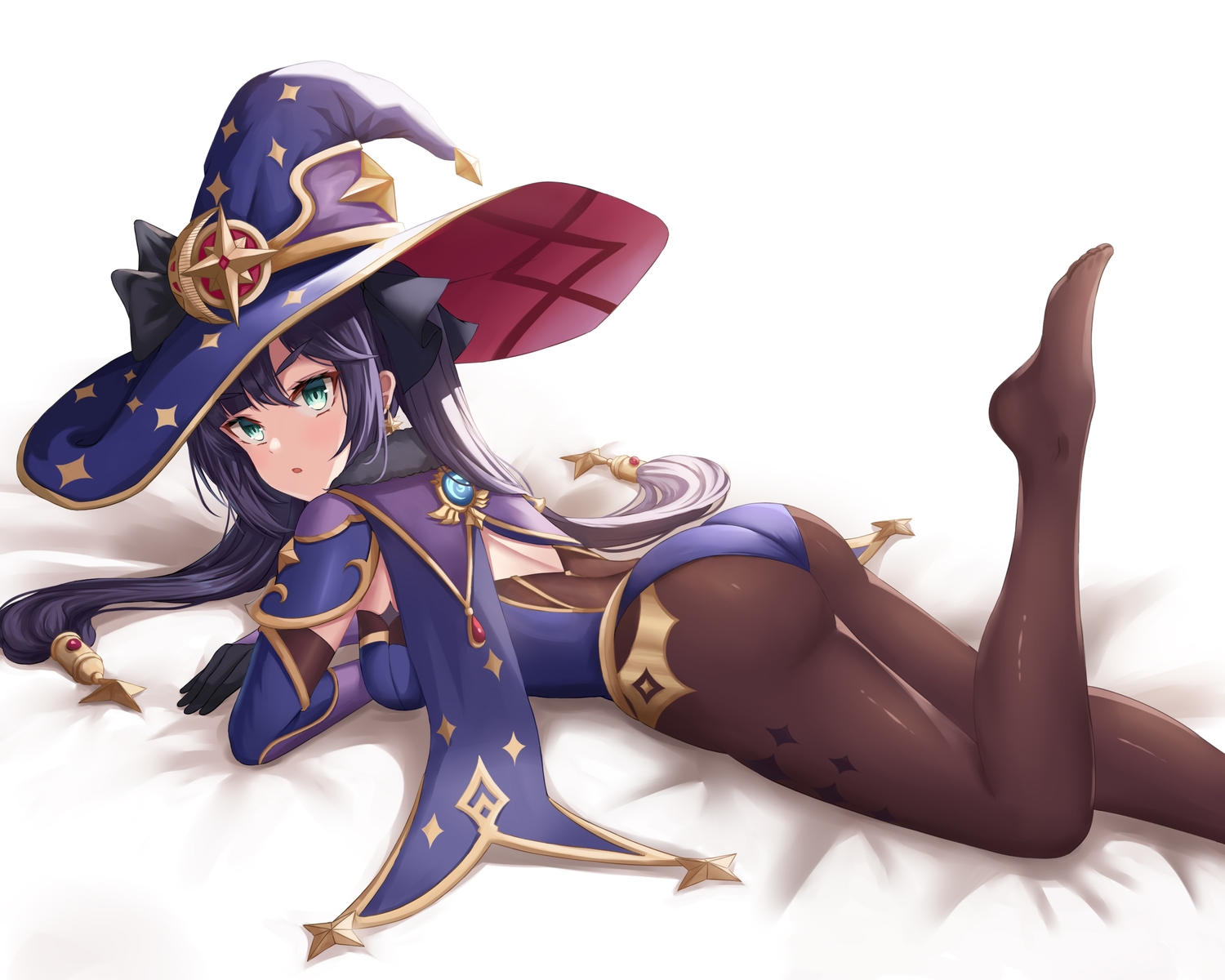 ass, daisy_cutter, genshin_impact, gloves, hat, long_hair, mona_megistus, purple_hair, twintails, witch_hat