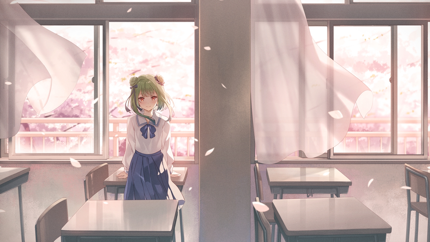 bow, brown_eyes, cherry_blossoms, flowers, green_hair, hololive, narumi_nanami, petals