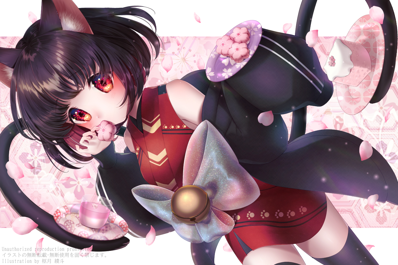 animal_ears, black_hair, cake, catgirl, food, japanese_clothes, multiple_tails, petals