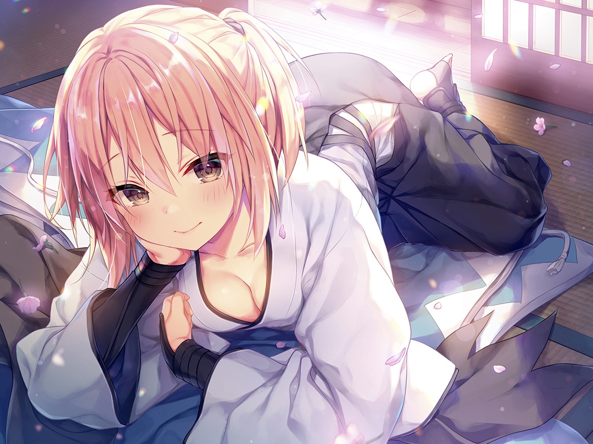 blush, breasts, brown_eyes, cleavage, cropped, fate/grand_order, fate_(series), flowers