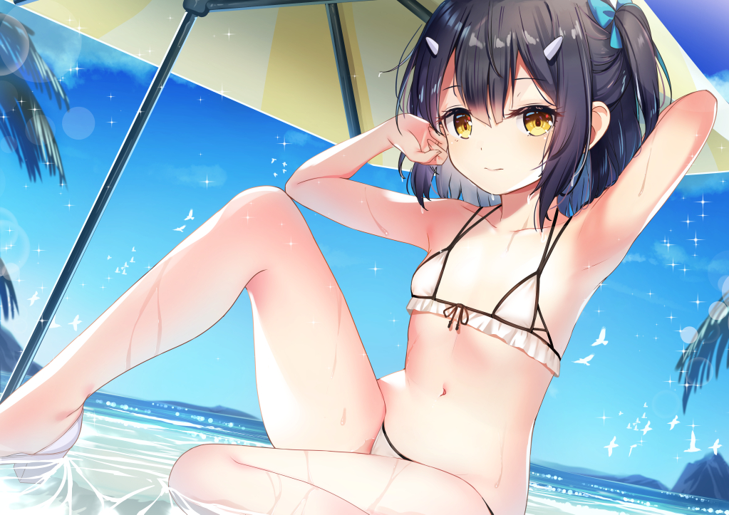 aliasing, beach, bikini, black_hair, fate/kaleid_liner_prisma_illya, fate_(series), loli, miyu_edelfelt