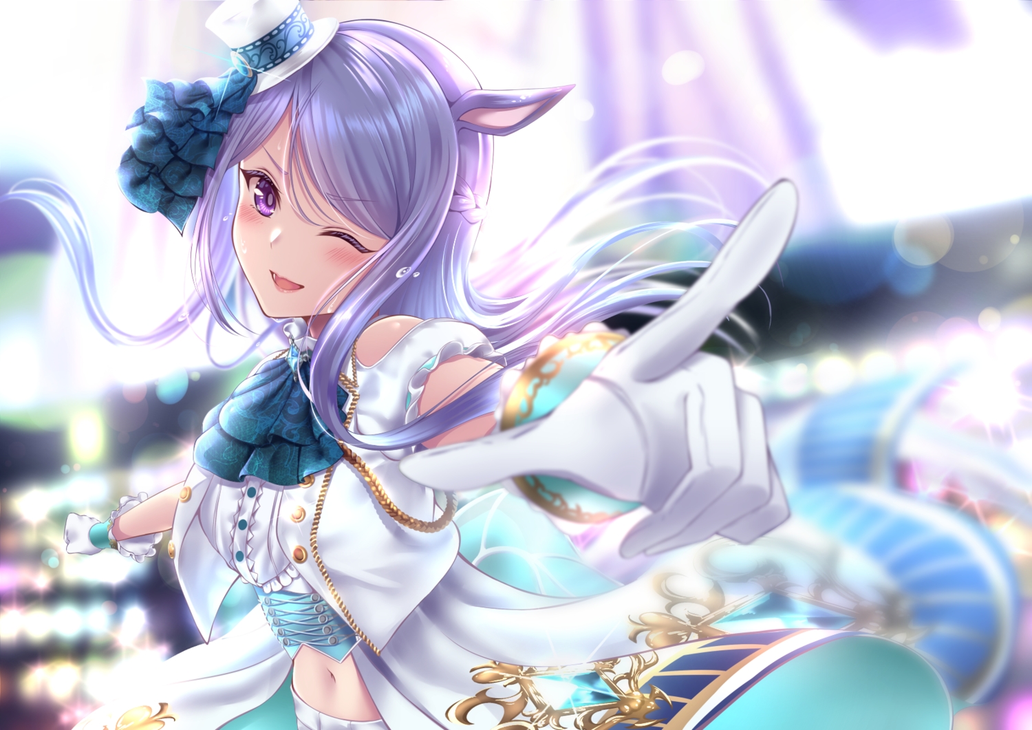 aliasing, animal_ears, anthropomorphism, braids, gloves, long_hair, mejiro_mcqueen_(umamusume), navel, purple_eyes, purple_hair, rairaisuruyo, uma_musume:_pretty_derby, wink