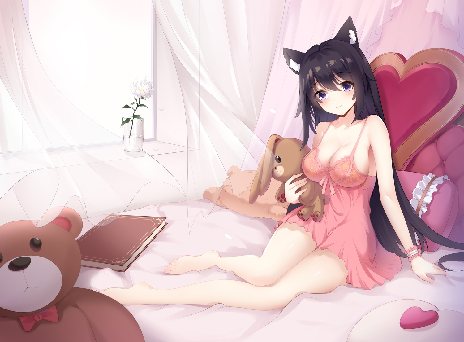 animal_ears, barefoot, bed, black_hair, long_hair, p-a-cheng, purple_eyes, teddy_bear