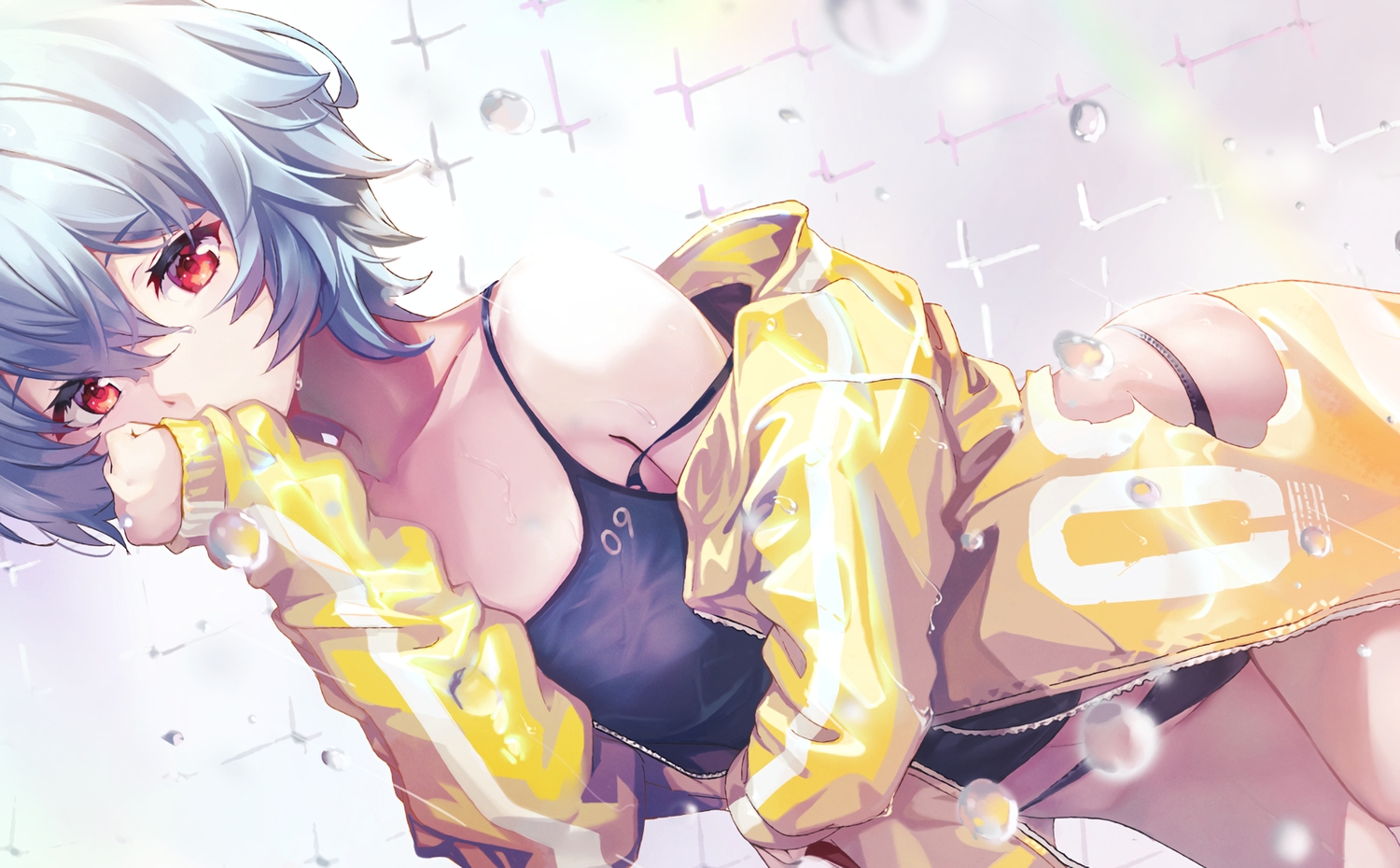 ayanami_rei, bubbles, gray_hair, neon_genesis_evangelion, open_shirt, panties, pondel, red_eyes