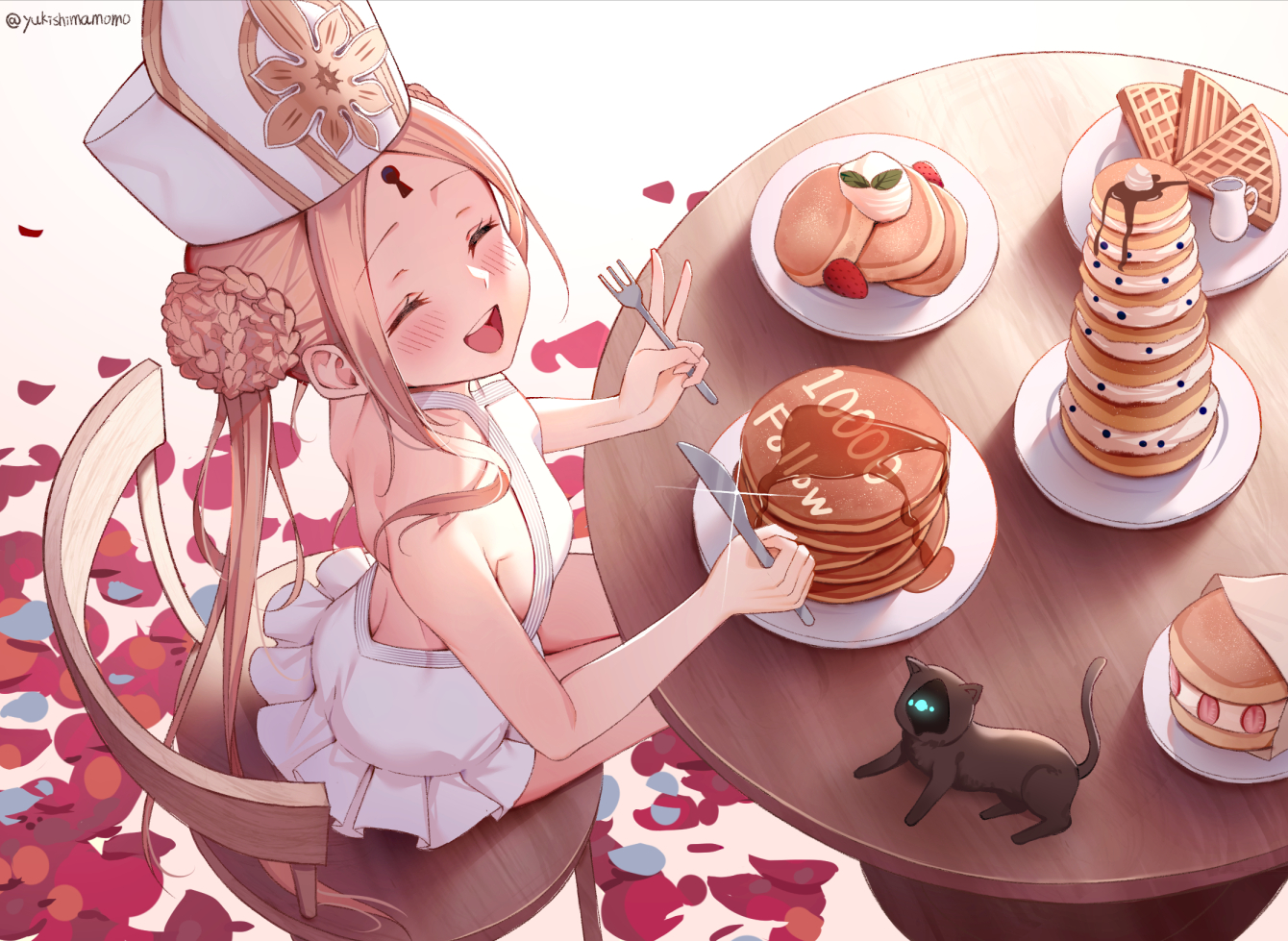 abigail_williams_(fate/grand_order), animal, blonde_hair, blush, cat, dress, fate/grand_order, fate_(series)