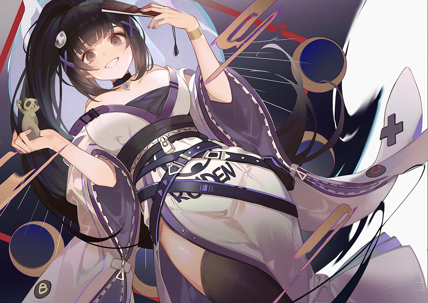 animal, breasts, brown_eyes, choker, fan, japanese_clothes, kimono, lanmei, long_hair, machi_(machi0910), original, ponytail, thighhighs