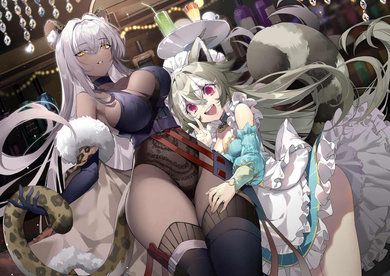 2girls, animal_ears, breasts, catgirl, cleavage, dark_skin, drink, elbow_gloves