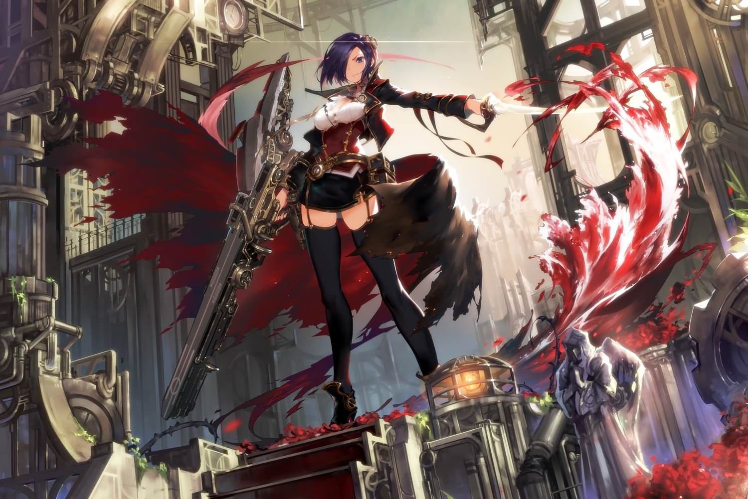 anthropomorphism, ark_royal_(azur_lane), azur_lane, blue_eyes, breasts, cleavage, garter_belt, gun