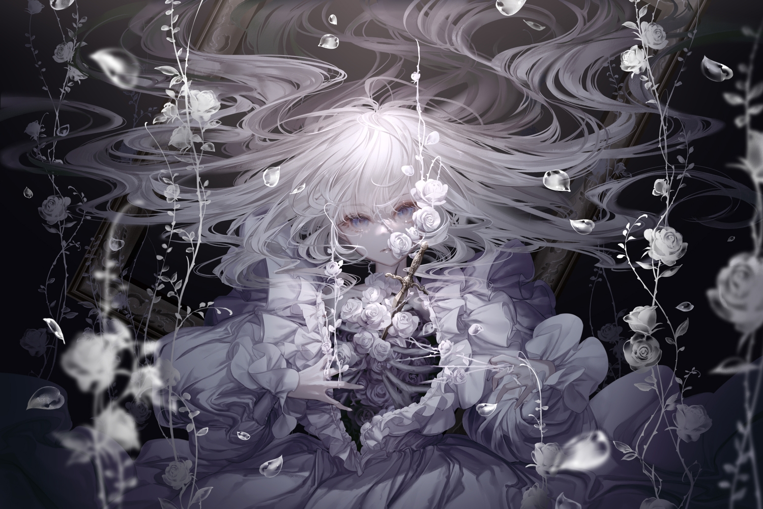 aitsuki_nakuru, blue_eyes, bones, dress, flowers, la_priere, long_hair, open_shirt, petals, polychromatic, underwater, water, white_hair, yoggi_(stretchmen)