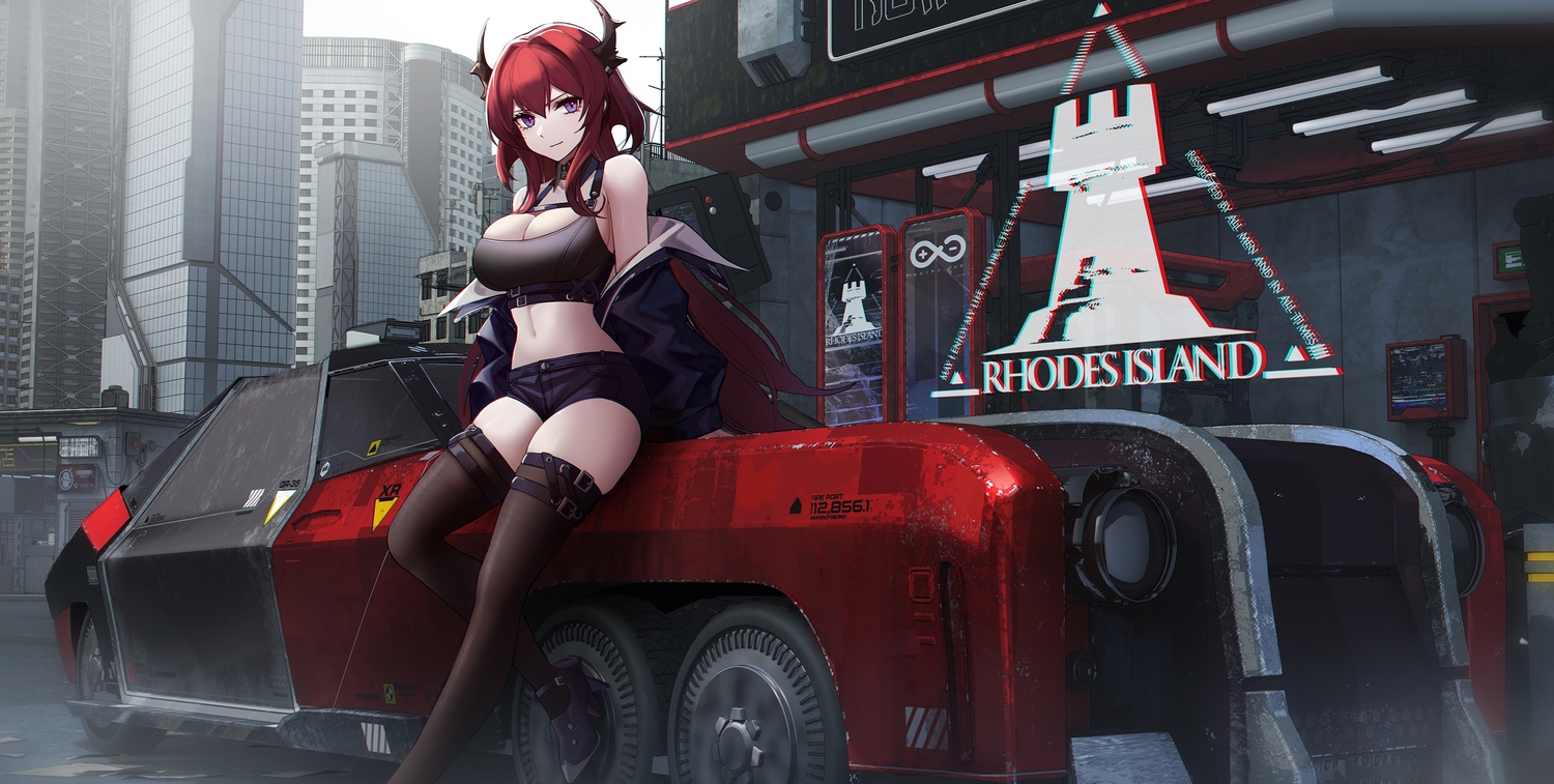arknights, breasts, building, car, city, cleavage, eternity_(pixiv8012826), garter