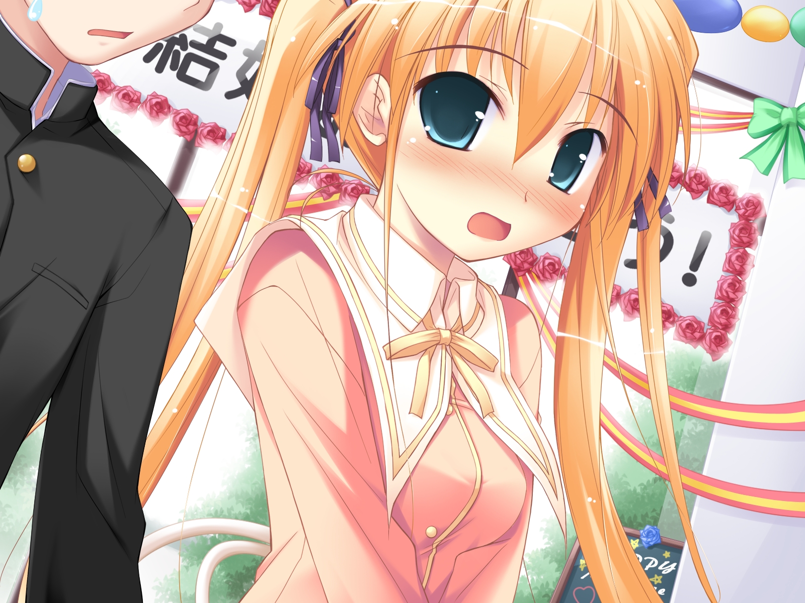 blonde_hair, blush, green_eyes, happiness, hiiragi_anri, long_hair, school_uniform, twintails