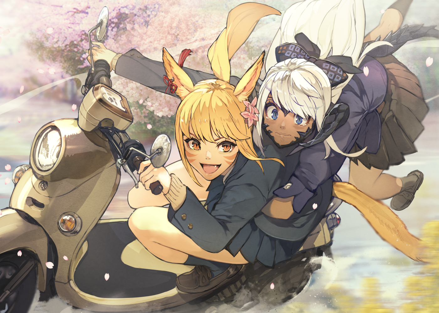 2girls, animal_ears, au_ra, blonde_hair, blue_eyes, brown_eyes, catgirl, dark_skin