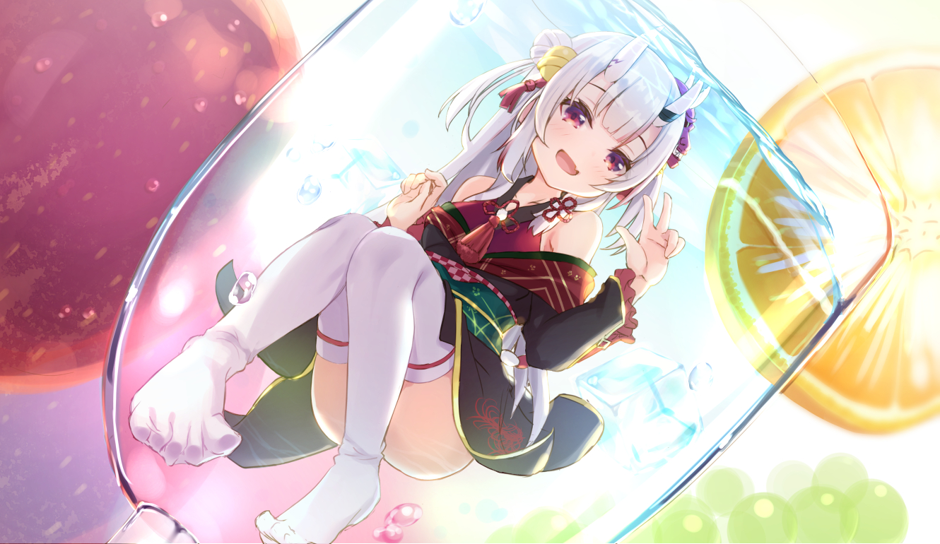 asa_(swallowtail), bell, blush, demon, fang, food, fruit, gray_hair