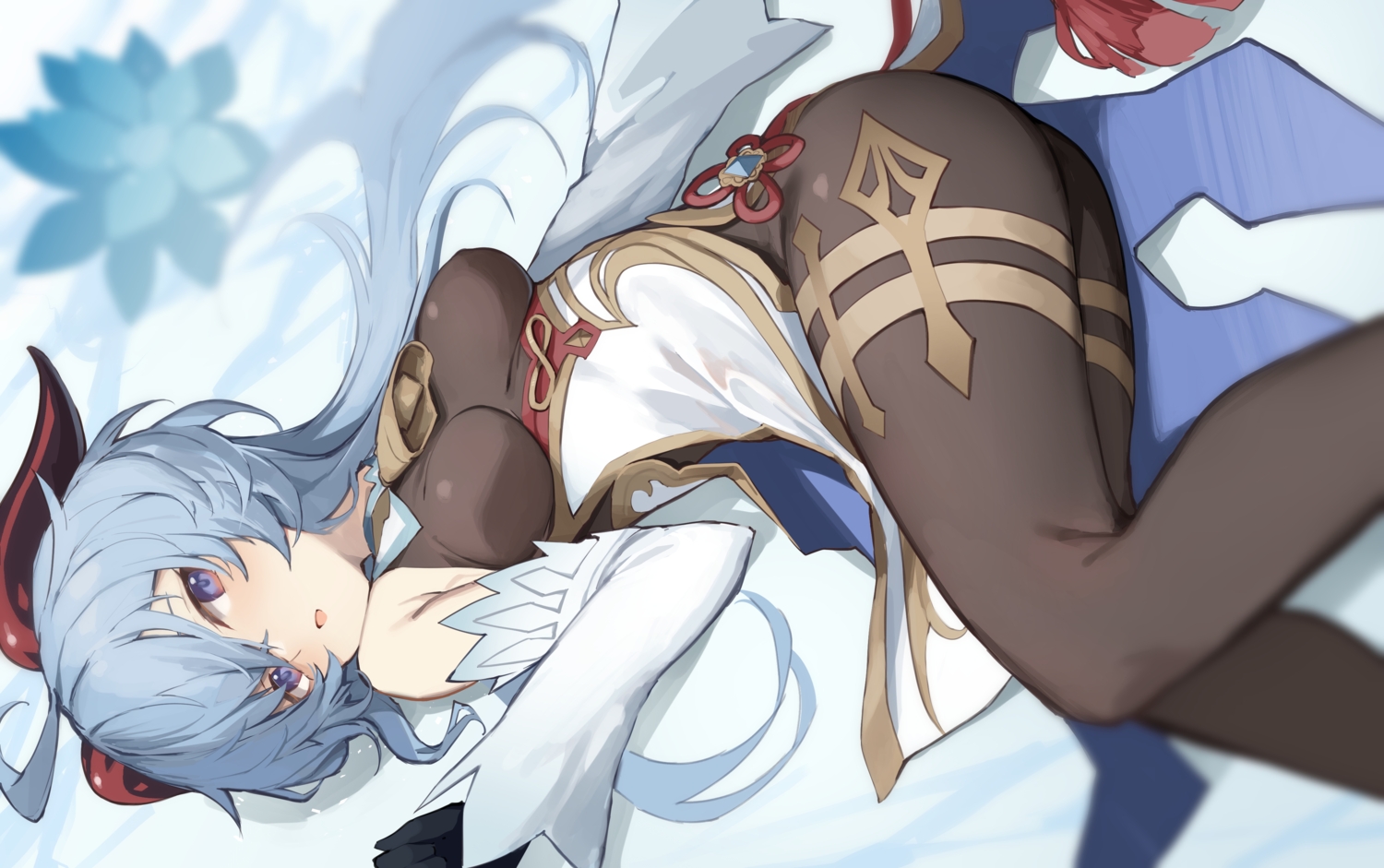amagasa_yun, blue_hair, ganyu_(genshin_impact), genshin_impact, gloves, horns, long_hair, purple_eyes