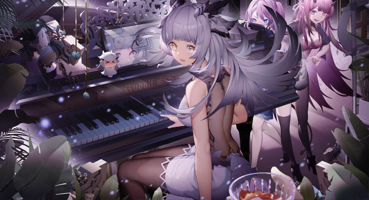 arknights, blue_poison_(arknights), demon, dress, gray_hair, instrument, jinjide_shaonian, long_hair, piano, pointed_ears, ptilopsis_(arknights), purple_eyes, purple_hair, reflection, robot, see_through, vigna_(arknights)