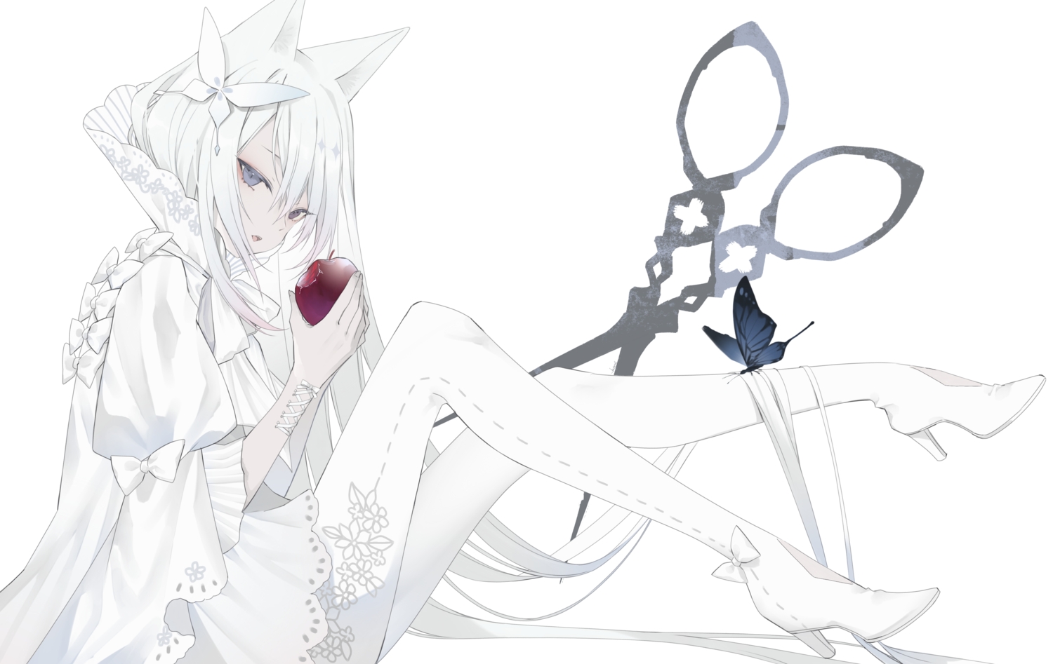 animal_ears, apple, butterfly, food, fruit, kotarou_(kot_mochi), long_hair, original, polychromatic, white, white_hair