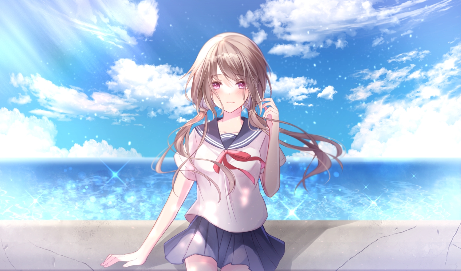 brown_hair, canary999, clouds, long_hair, original, purple_eyes, school_uniform, skirt, sky, twintails, water