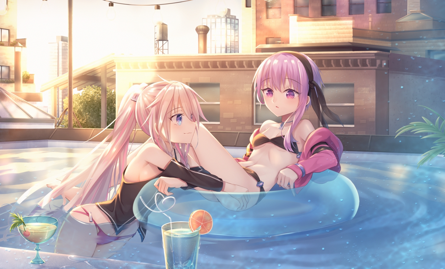 2girls, bikini, building, drink, ia, long_hair, pink_hair, ponytail, pool, purple_eyes, purple_hair, sakakidani, swim_ring, swimsuit, vocaloid, voiceroid, water, yuzuki_yukari