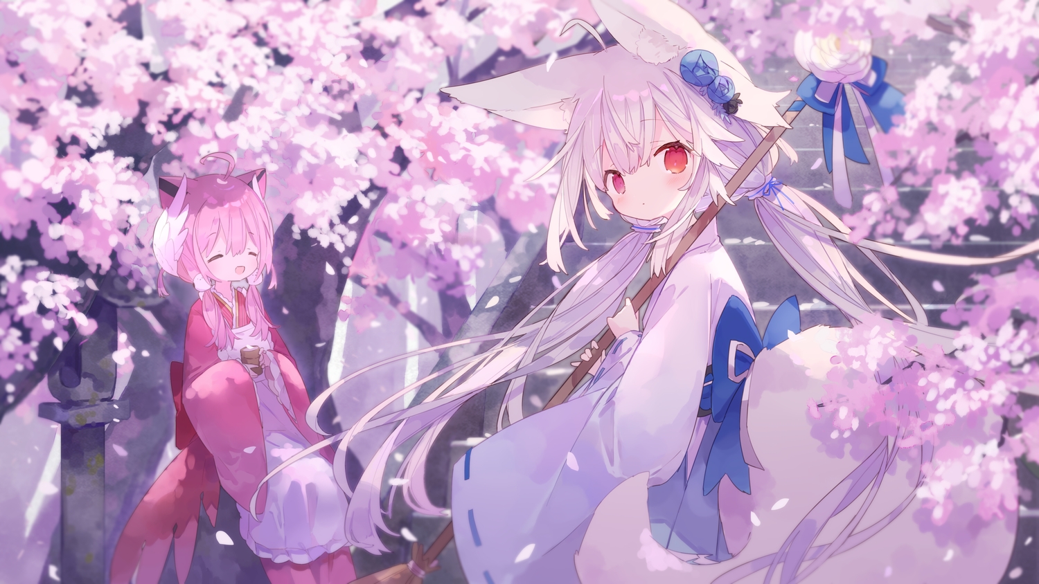 2girls, animal_ears, catgirl, cherry_blossoms, flowers, foxgirl, indie_virtual_youtuber, japanese_clothes