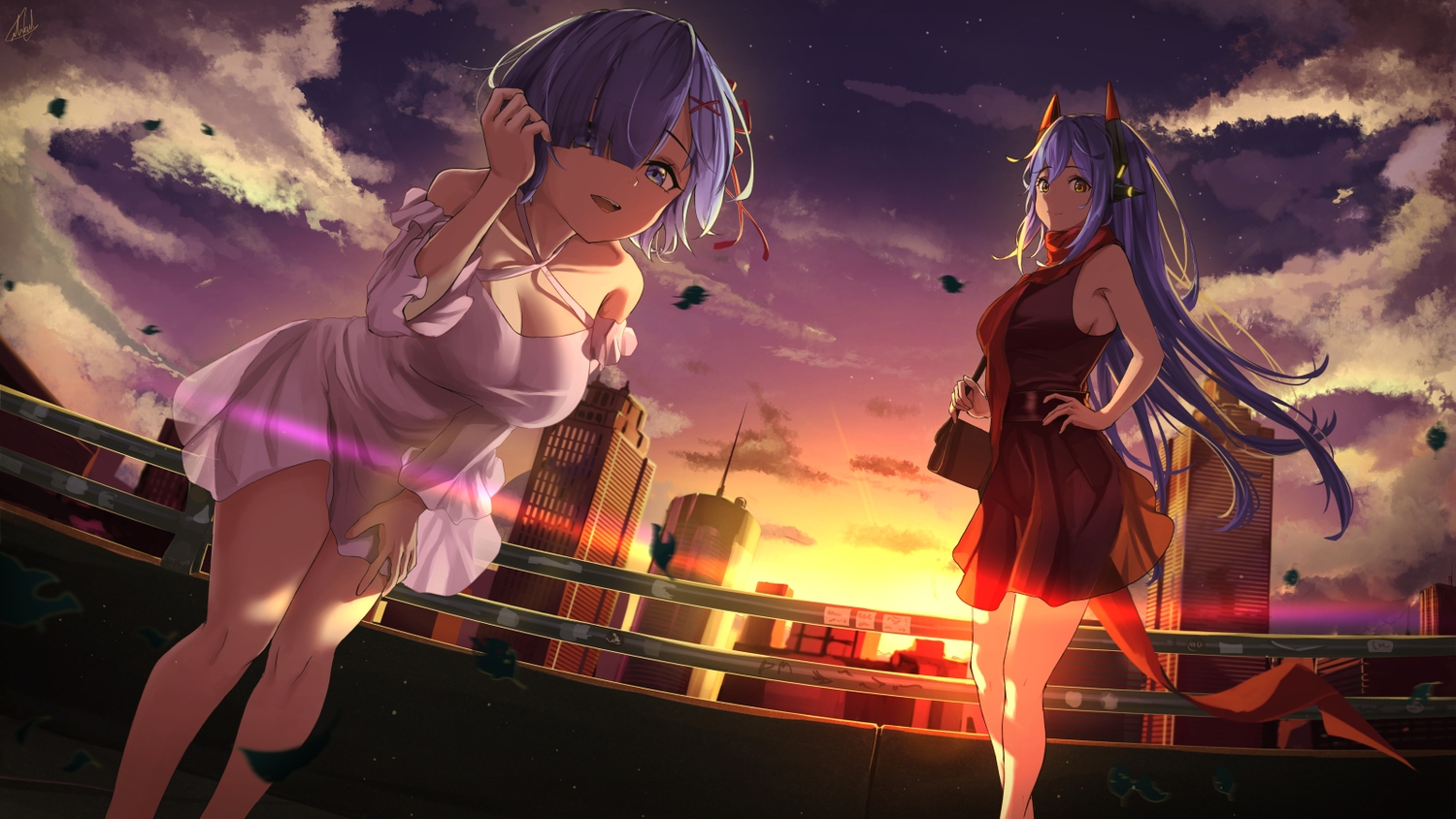 2girls, breasts, building, city, cleavage, clouds, crossover, dress