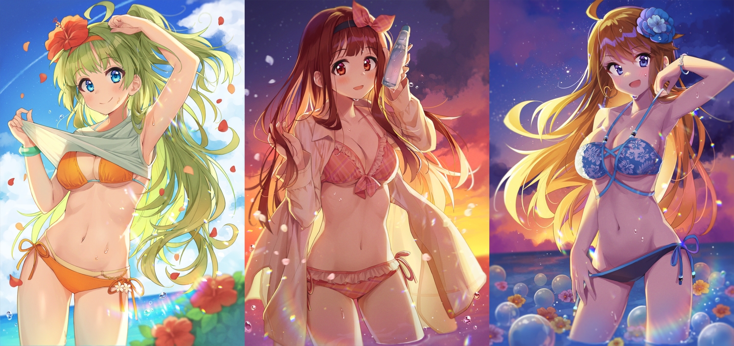 bikini, blush, brown_eyes, brown_hair, chobi_(penguin_paradise), clouds, green_eyes, idolmaster