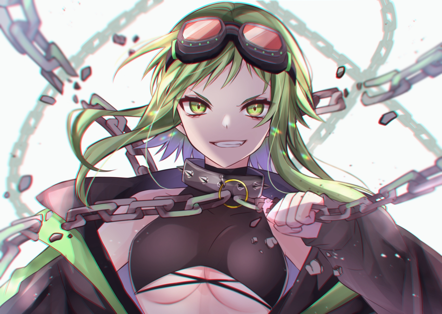 breasts, canary999, chain, close, collar, goggles, green_eyes, green_hair, gumi, no_bra, short_hair, underboob, vocaloid