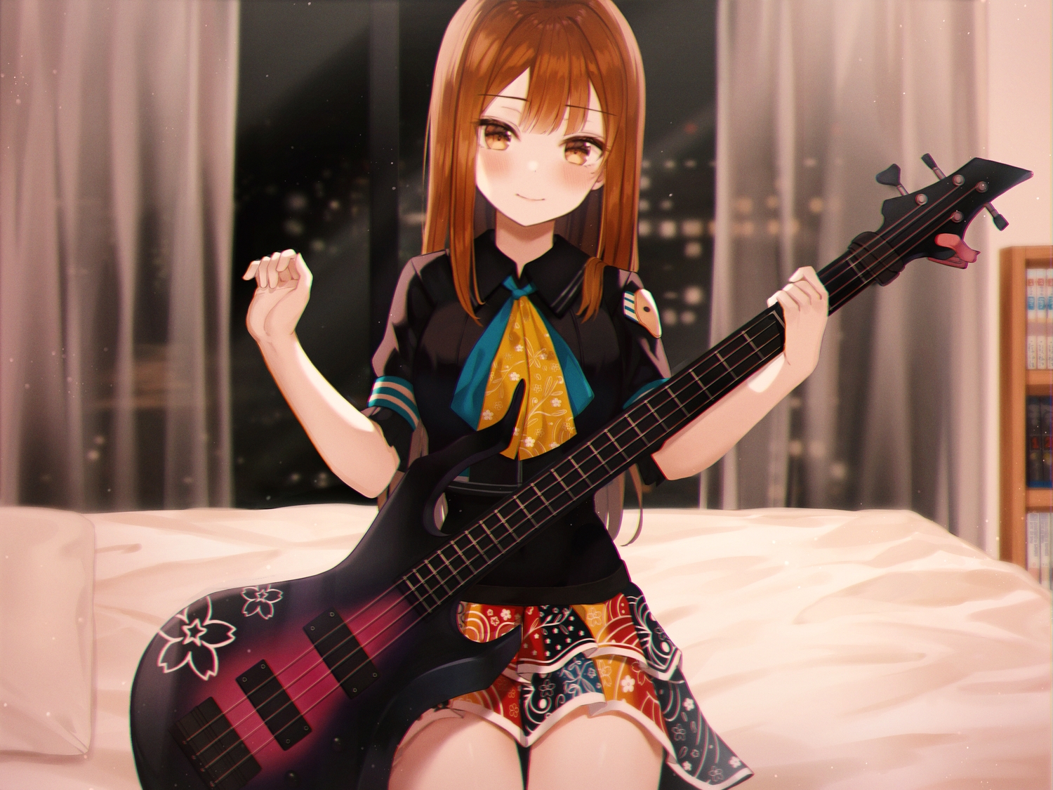 bed, blush, brown_eyes, brown_hair, building, city, guitar, instrument