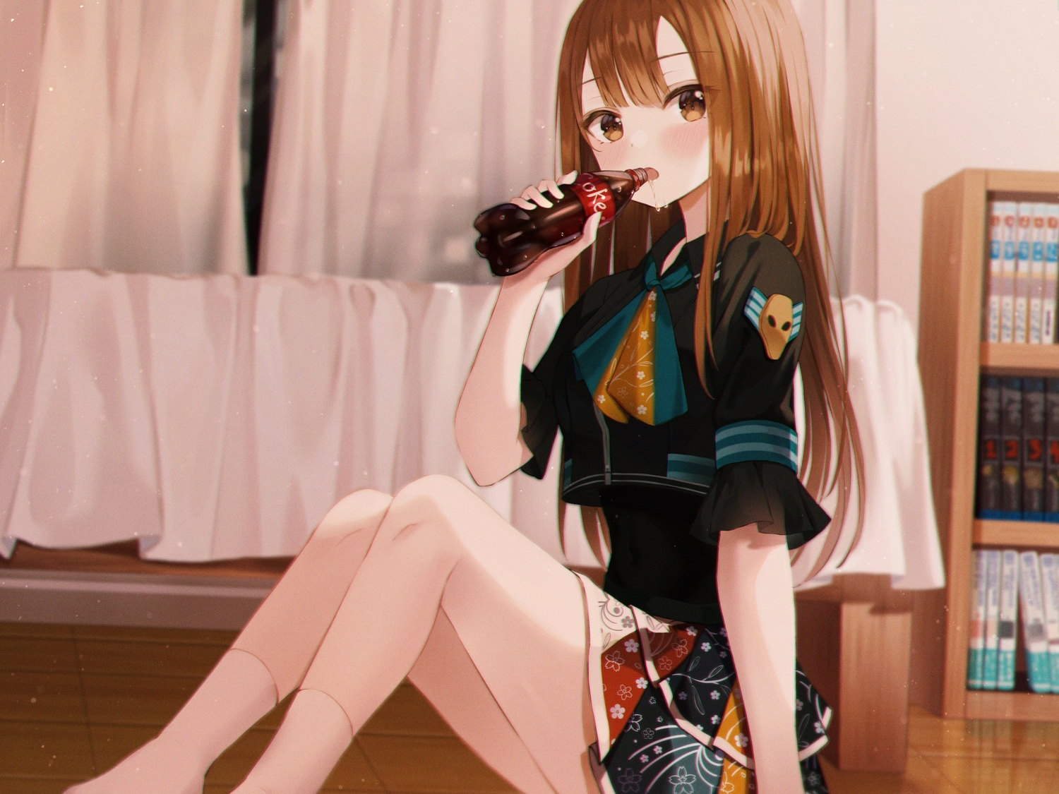 bed, blush, brown_eyes, brown_hair, coca_cola, drink, long_hair, original