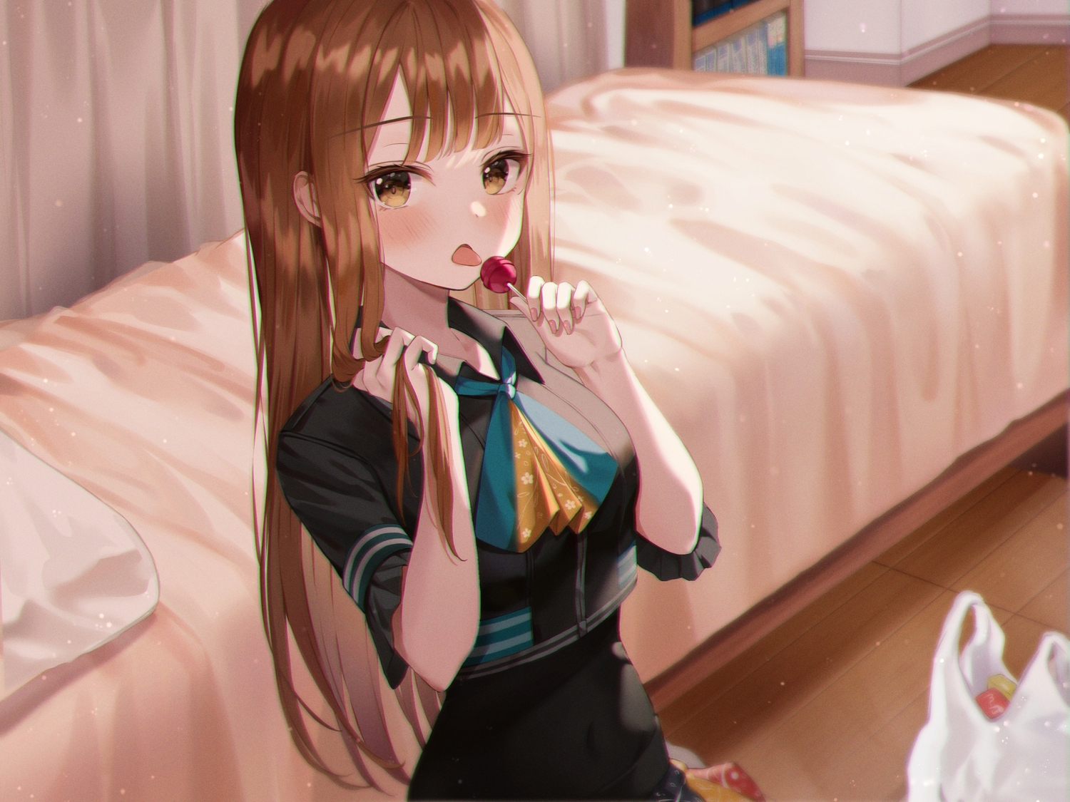 bed, blush, brown_eyes, brown_hair, candy, lollipop, long_hair, original