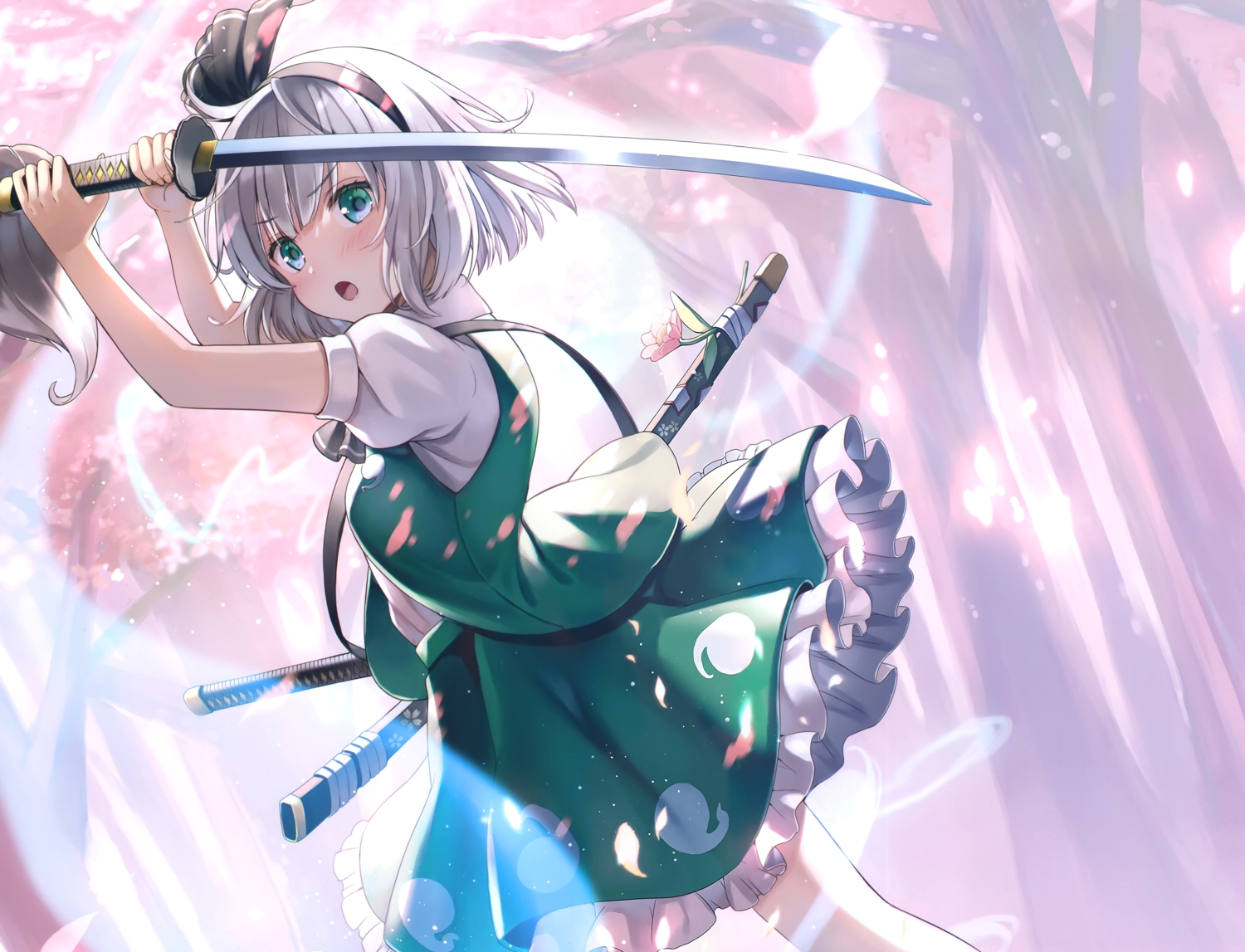 blush, cropped, gray_hair, green_eyes, katana, konpaku_youmu, myon, nonoko