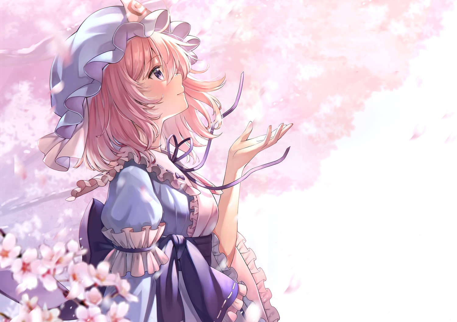 cherry_blossoms, dress, flowers, hat, nonoko, pink_hair, purple_eyes, ribbons, saigyouji_yuyuko, scan, touhou