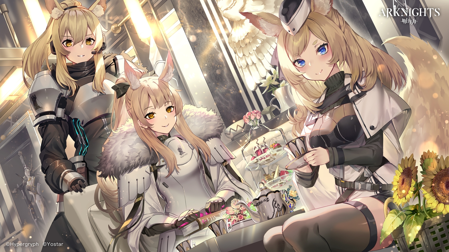 animal_ears, arknights, armor, blemishine_(arknights), blonde_hair, blue_eyes, blush, book, drink, flowers, food, gloves, headphones, logo, long_hair, microphone, nearl_(arknights), ponytail, sunflower, tail, thighhighs, whislash_(arknights), yellow_eyes, yoshimoto_(dear_life), zettai_ryouiki