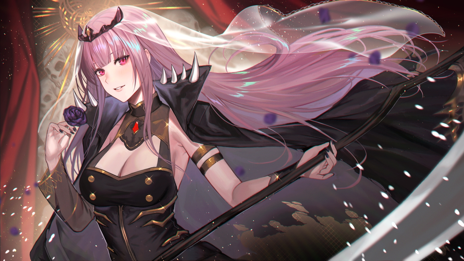 breasts, cape, cleavage, deras, flowers, headdress, hololive, long_hair