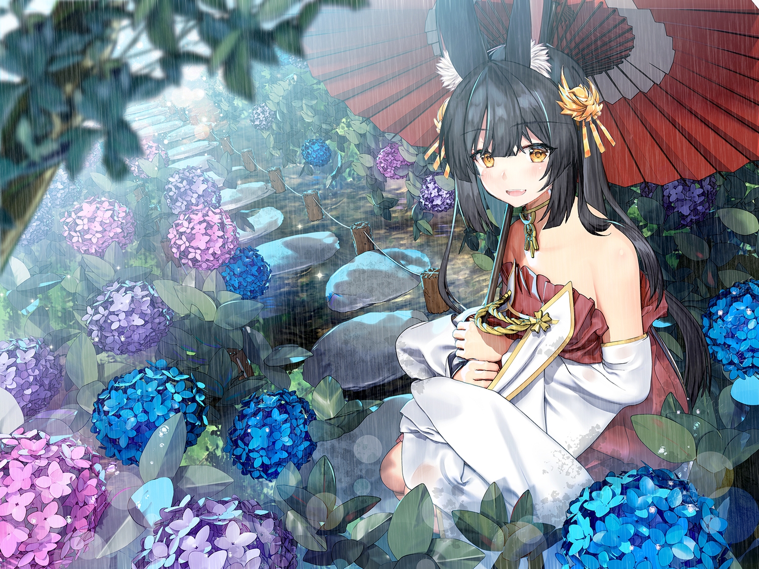 animal_ears, anthropomorphism, azur_lane, black_hair, flat_chest, flowers, foxgirl, japanese_clothes, miko, nagato_(azur_lane), rain, sugita_ranpaku, umbrella, water