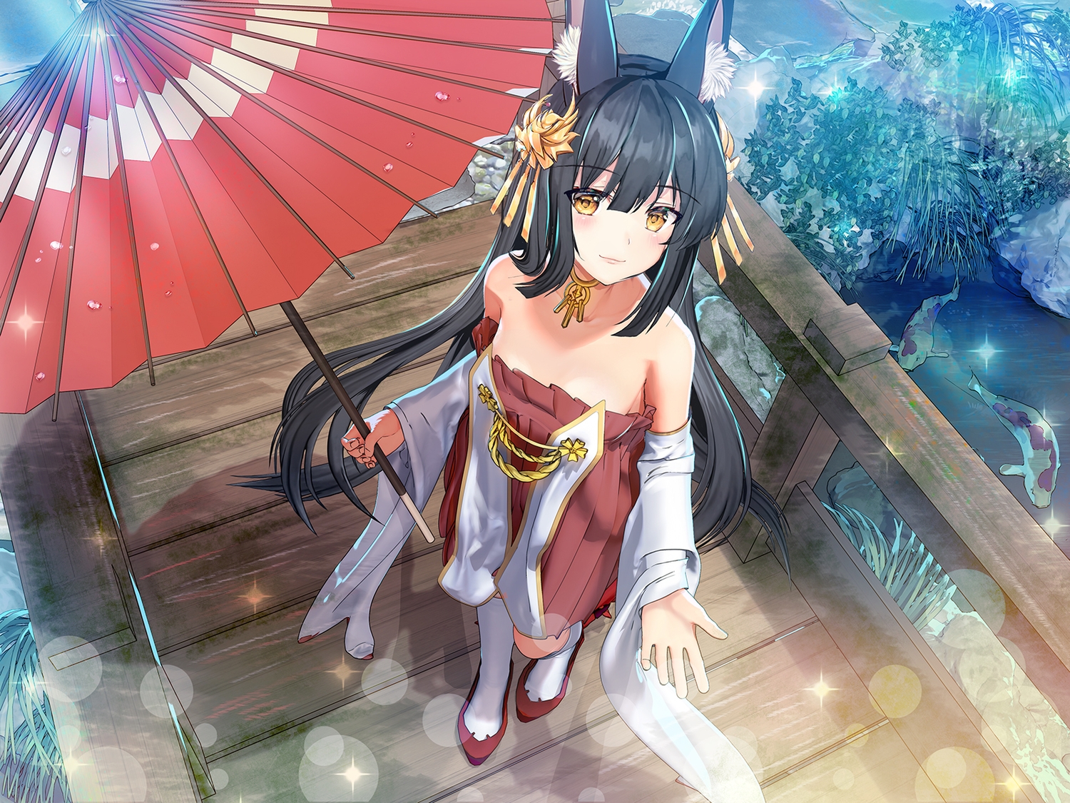 animal, animal_ears, anthropomorphism, azur_lane, black_hair, fish, flat_chest, foxgirl, grass, japanese_clothes, long_hair, miko, nagato_(azur_lane), sugita_ranpaku, umbrella, yellow_eyes