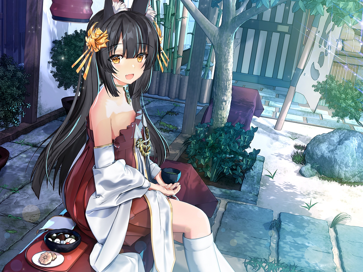 animal_ears, anthropomorphism, azur_lane, black_hair, flat_chest, food, foxgirl, japanese_clothes