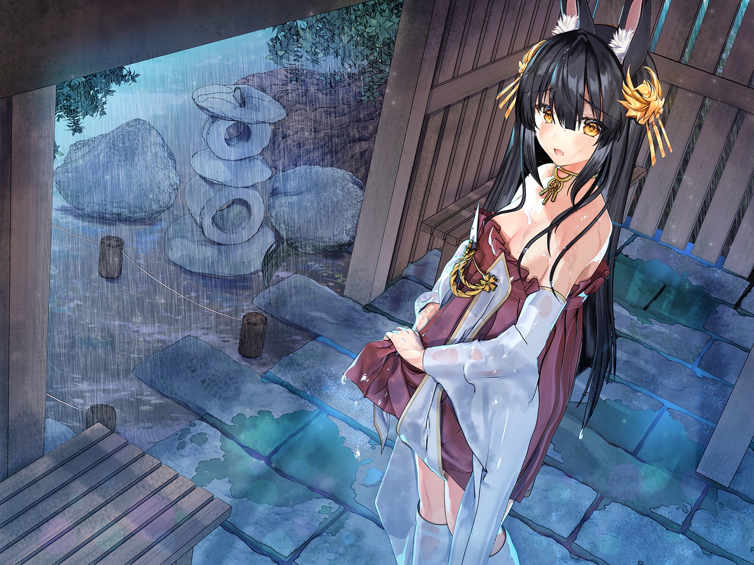 animal_ears, anthropomorphism, azur_lane, black_hair, breasts, cleavage, fang, foxgirl, japanese_clothes, long_hair, miko, nagato_(azur_lane), rain, sugita_ranpaku, water, wet, yellow_eyes