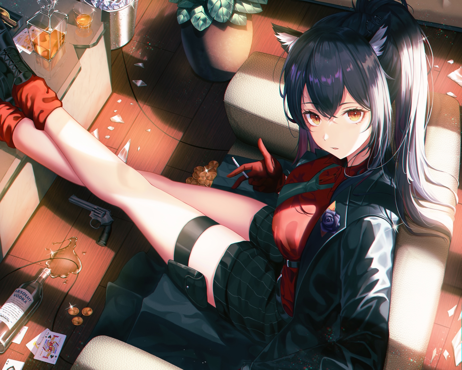 animal_ears, arknights, black_hair, boots, brown_eyes, cropped, drink, fall_(aki), gloves, long_hair, shorts, smoking, socks, texas_(arknights), tie, wolfgirl