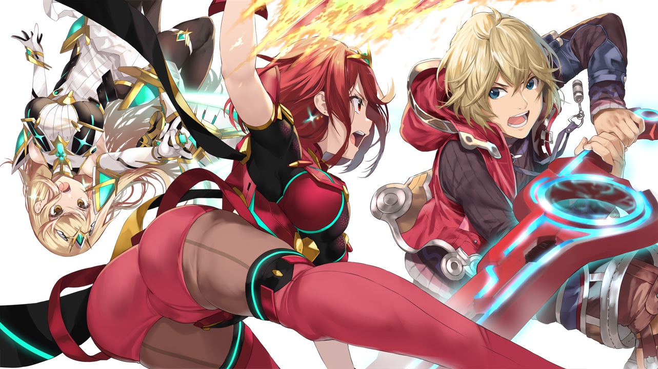 ass, blonde_hair, blue_eyes, boots, brown_eyes, dress, elbow_gloves, fire, gloves, hikari_(xenoblade), homura_(xenoblade), hood, long_hair, magic, male, pantyhose, red_eyes, red_hair, short_hair, shorts, shulk, super_smash_bros., sword, thighhighs, weapon, xenoblade, yappen