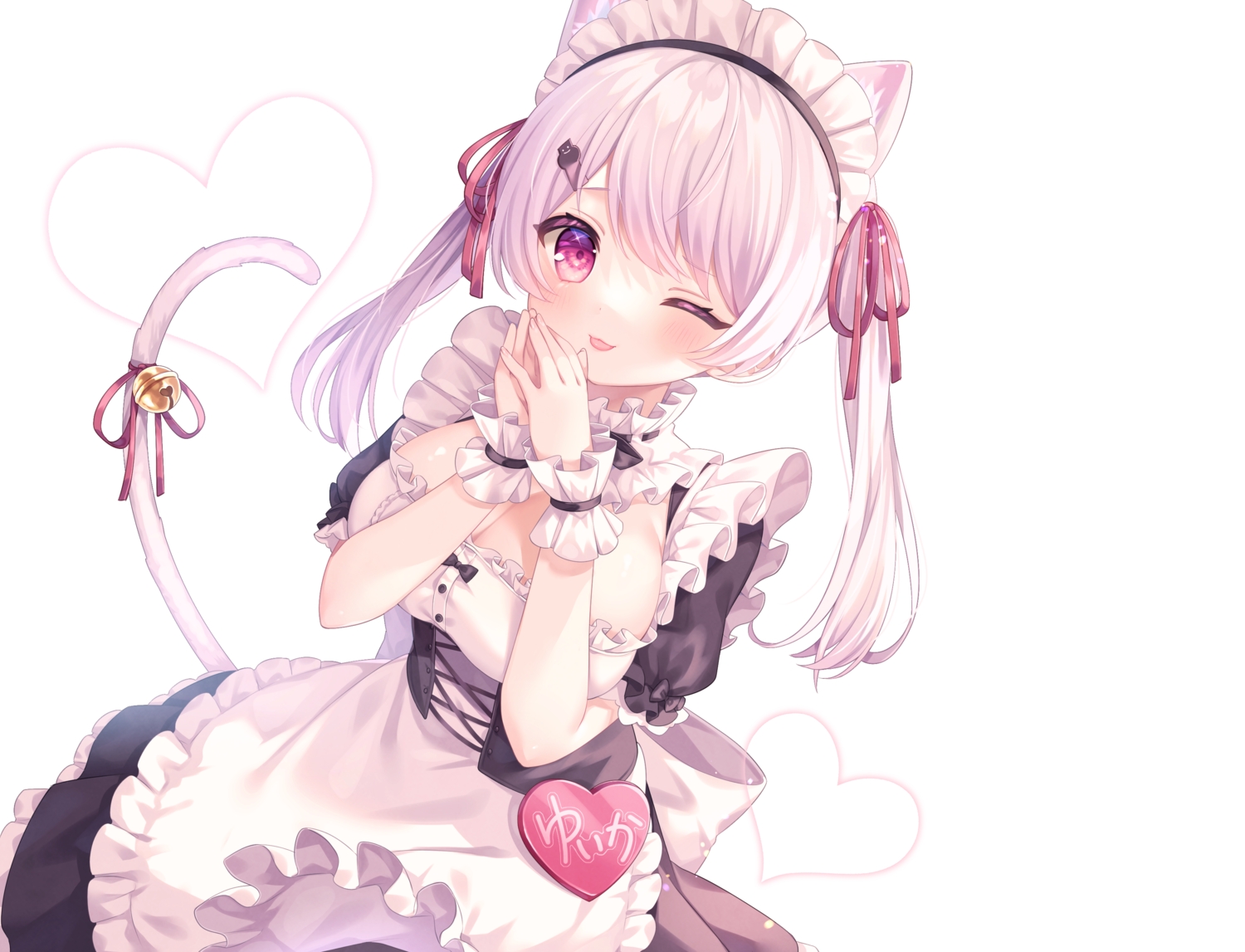animal_ears, bell, blush, bow, breasts, catgirl, cat_smile, cleavage, corset, headdress, heart, komachi_pochi, long_hair, maid, nijisanji, purple_eyes, ribbons, shiina_yuika, tail, third-party_edit, twintails, white, white_hair, wink, wristwear