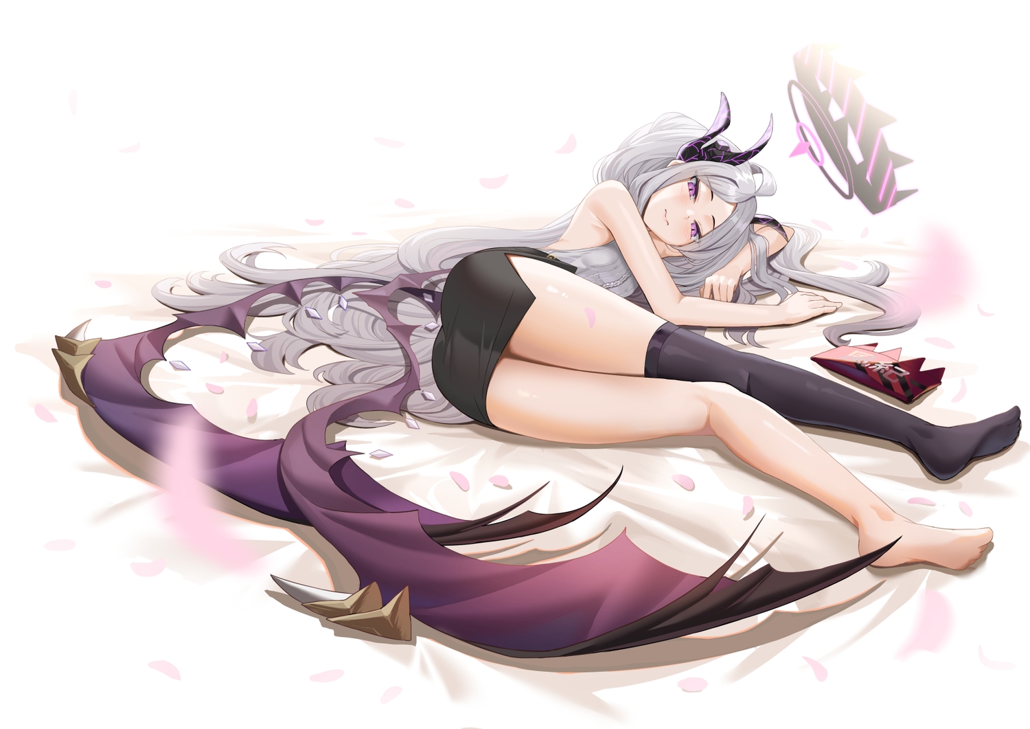 ass, blue_archive, gray_hair, halo, long_hair, nishitaka, purple_eyes, skirt, sorasaki_hina, thighhighs, wings