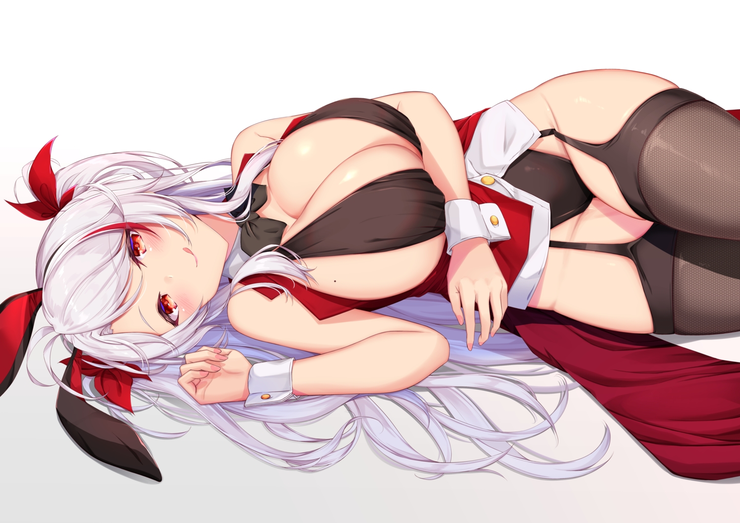 animal_ears, anthropomorphism, azur_lane, breast_hold, bunny_ears, bunnygirl, garter_belt, gradient, gray_hair, leotard, long_hair, namaponpon_00, no_bra, prinz_eugen_(azur_lane), stockings
