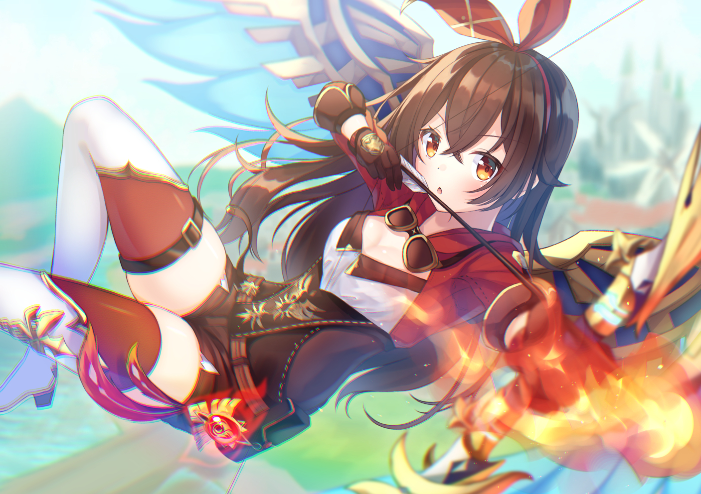 amber_(genshin_impact), bow_(weapon), breasts, brown_hair, cleavage, fire, genshin_impact, gloves, goggles, kugatsu_tooka, long_hair, magic, shorts, thighhighs, weapon, wings, zettai_ryouiki