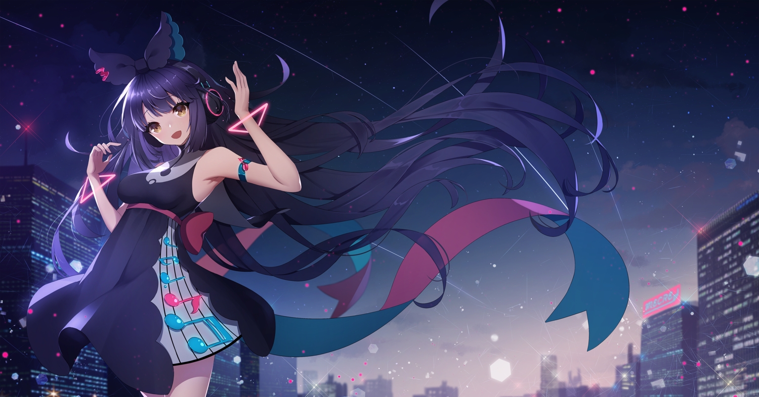 animal_ears, ankkoyom, brown_eyes, building, city, dress, headphones, long_hair
