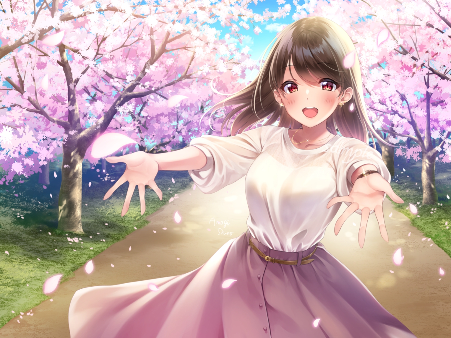 amagi_shino, blush, brown_hair, cherry_blossoms, flowers, long_hair, necklace, original
