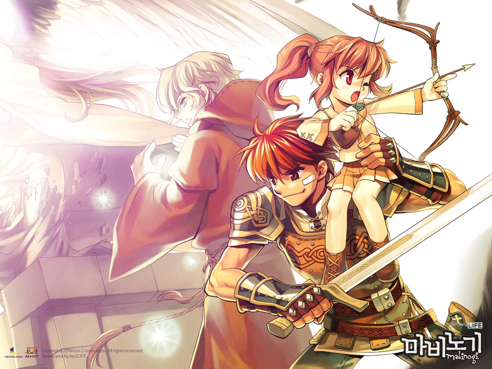 armor, bow_(weapon), brown_eyes, brown_hair, green_eyes, mabinogi, male, mari