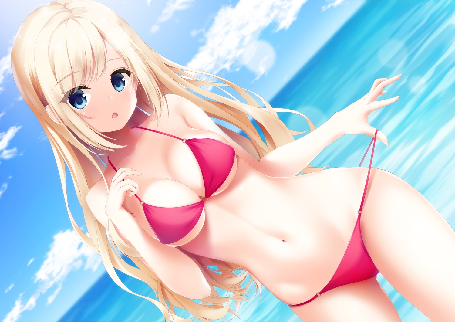 bikini, blonde_hair, blue_eyes, blush, breasts, cleavage, clouds, kokomine, long_hair, original, sky, swimsuit, underboob, water