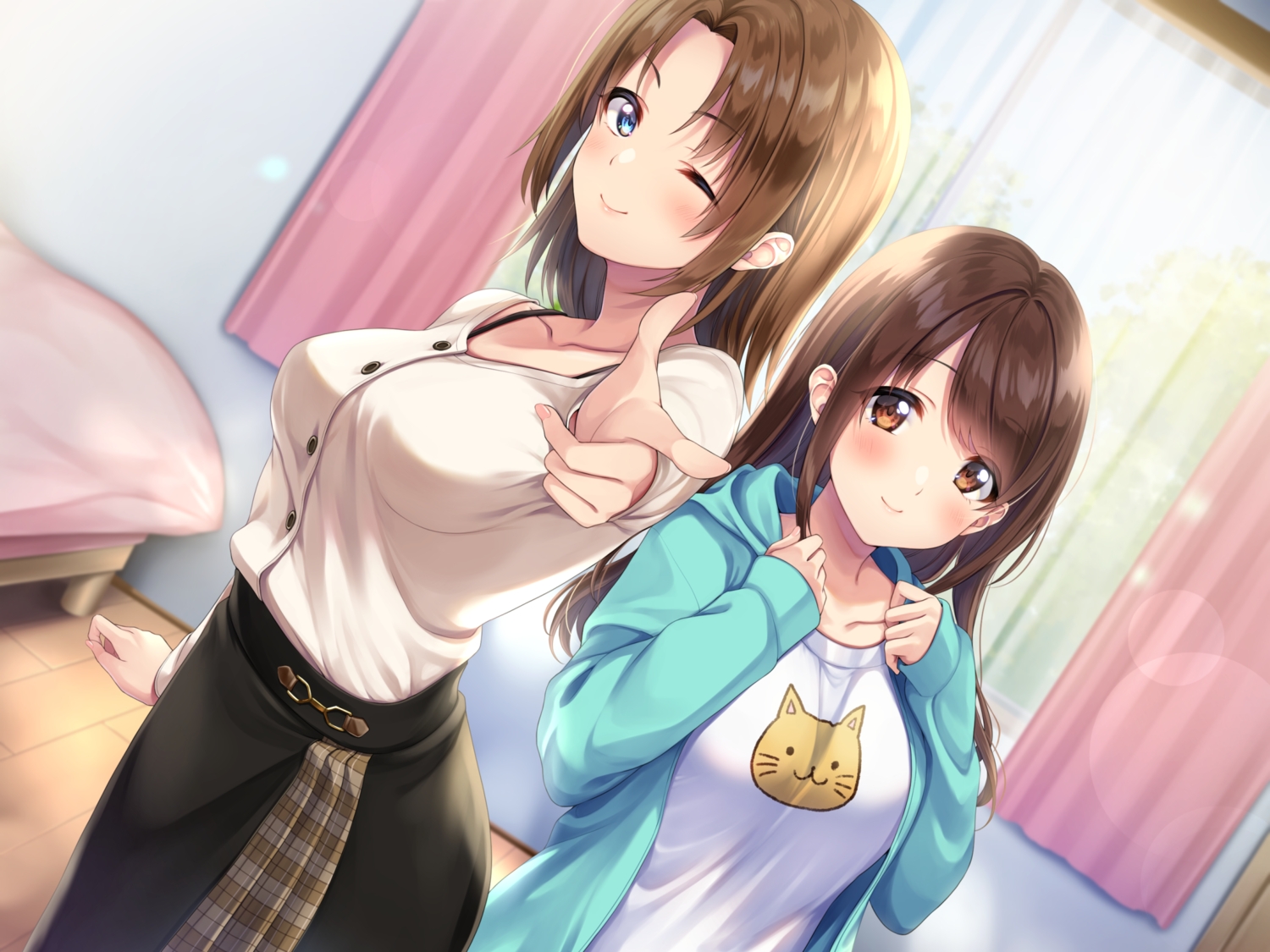 2girls, amagi_shino, aqua_eyes, bed, blush, brown_eyes, brown_hair, hood